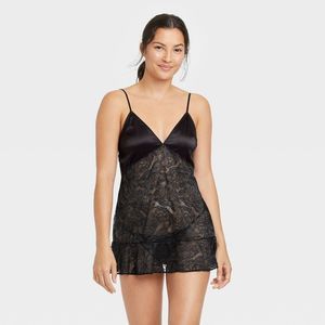 Women's Satin and Lace Babydoll Lingerie Set - Auden Black Medium lingerie 122